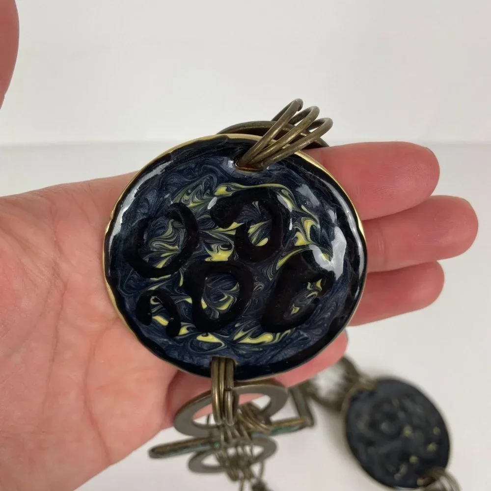 1980's Resin Medallion Chain Waist‎ Adjustable Belt Blue Green Brassy Gold